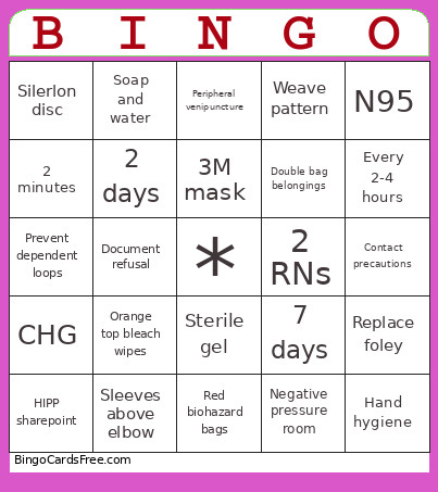 Infection Control Bingo Card