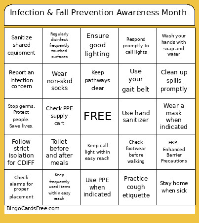 Infection & Fall Prevention Awareness Month Bingo Card