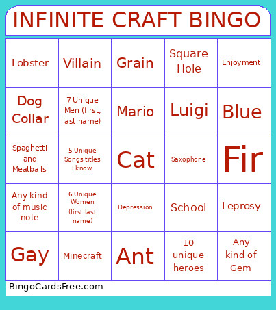 INFINITE CRAFT Bingo Card