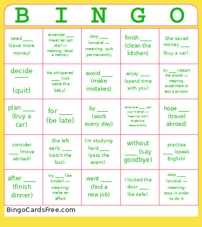 Infinitive -ing Verbs Bingo Card