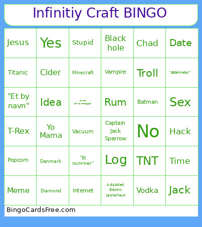 Infinitiy Craft Bingo Card