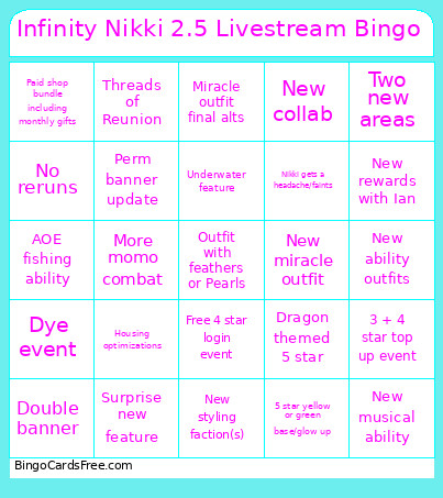 Infinity Nikki 2.5 Livestream Bingo Card