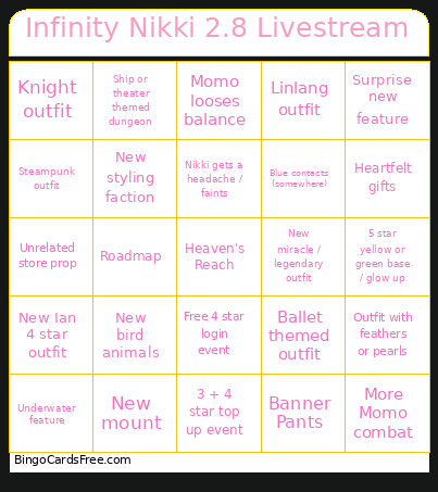 Infinity Nikki 2.8 Livestream Bingo Card