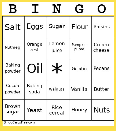 Ingredients Bingo Card