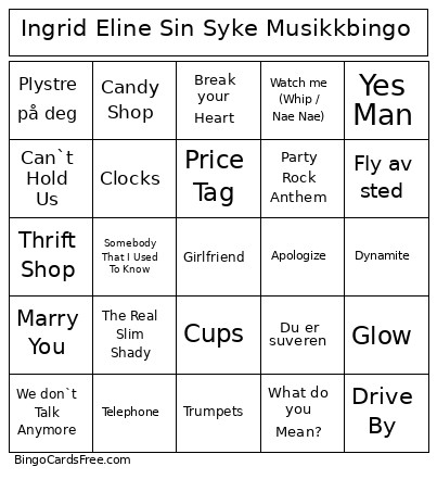 Ingrid Eline Sin Syke Musikk Bingo Card