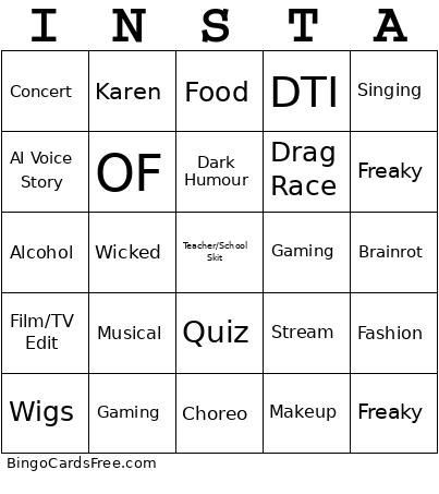 Insta Reels Bingo Card