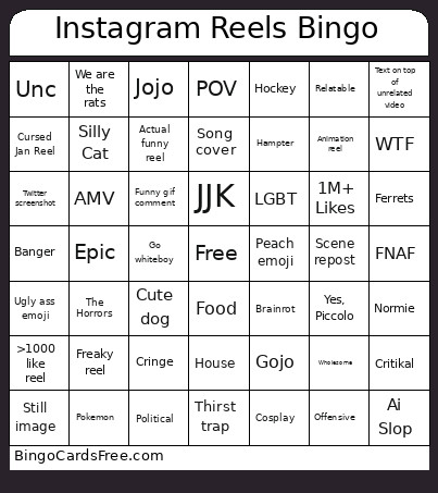 Instagram Reels Bingo Card