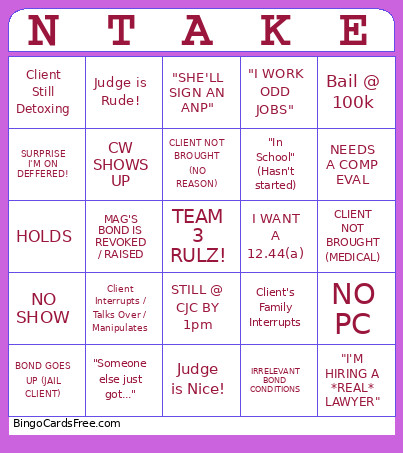 Intake Bingo Card
