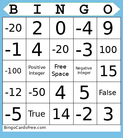 Integers Bingo Card