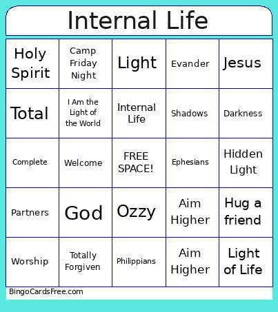 Internal Life Bingo Card