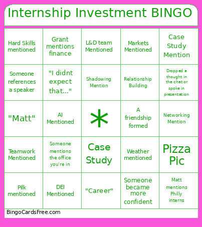 Internship Investment Bingo Card