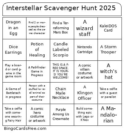 MarsCon2025 Bingo Cards Free Pdf Printable Game, Title: Interstellar Scavenger Hunt 2025