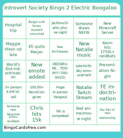 Introvert Society Bingo 2 Electric Boogaloo