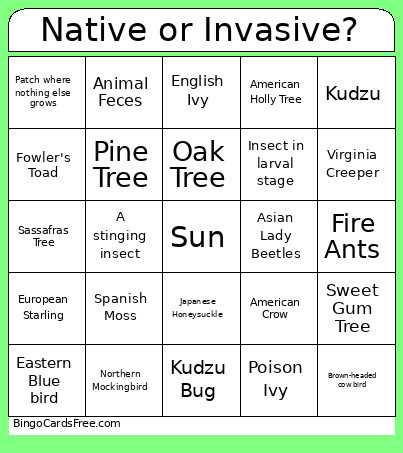 Invasive Species Bingo Card