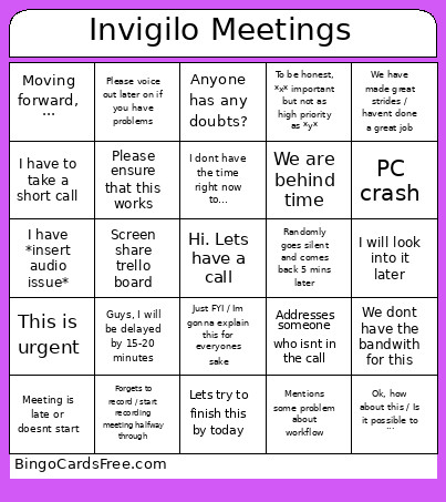 Invigilo Meetings Bingo Card