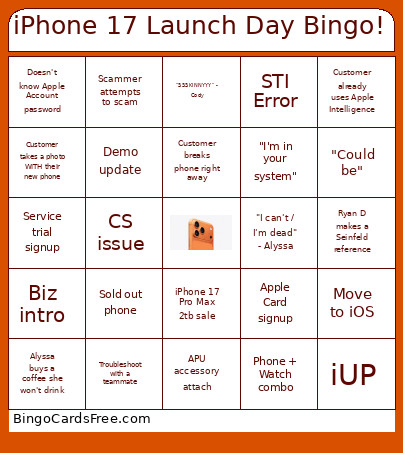 IPhone 17 Launch Day ! Bingo Card