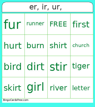 Ir, Er And Ur Words Bingo Card