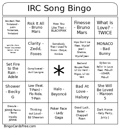 IRC Song Bingo Card