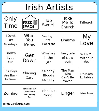 Irish Artists Bingo Card