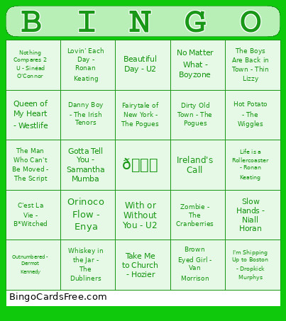 Irish Musical Bingo Card