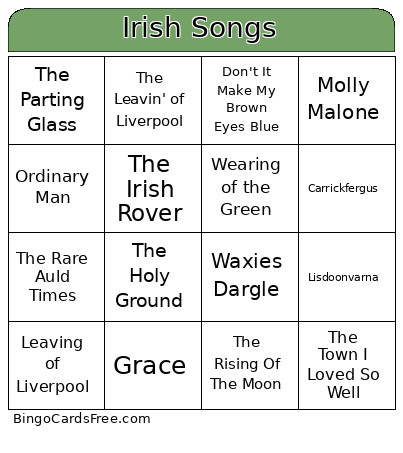 Irish Songs Bingo Card