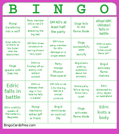 IRL Session Bingo Card