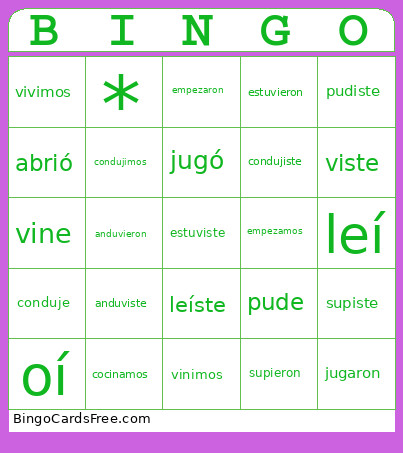 Irregular Past Bingo Card