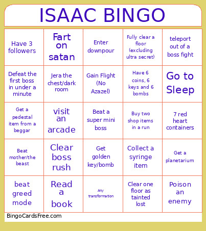 ISAAC Bingo Card