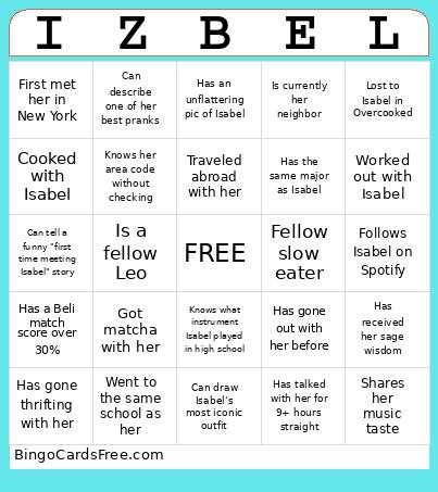 Isabel Bingo Card