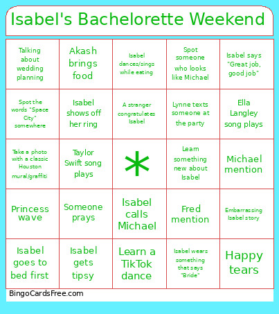 Isabel's Bachelorette Weekend Bingo Card