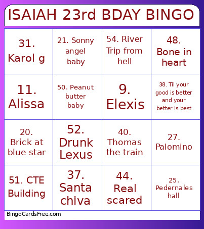 ISAIAH 23rd BDAY Bingo Card