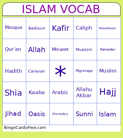 Islam Vocab 25 Bingo Card