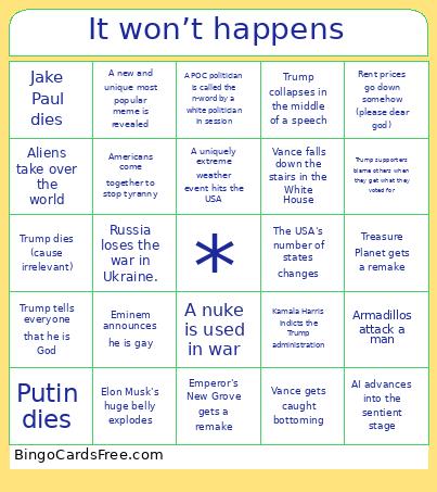 It Won’t Happens Bingo Card
