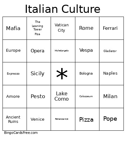 Italian Culture Bingo Card