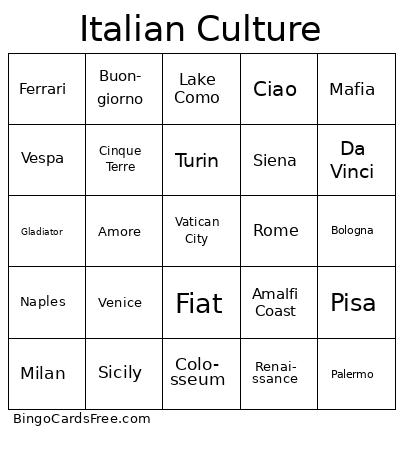 Italian Culture Bingo Cards Free Pdf Printable Game, Title: Italian Culture