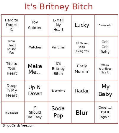 It's Britney Bitch Bingo Card