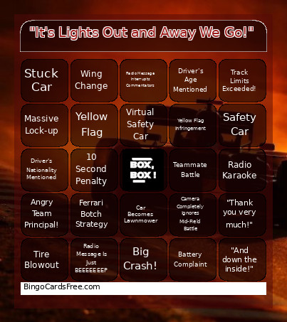 It's Lights Out And Away We Go! Bingo Card