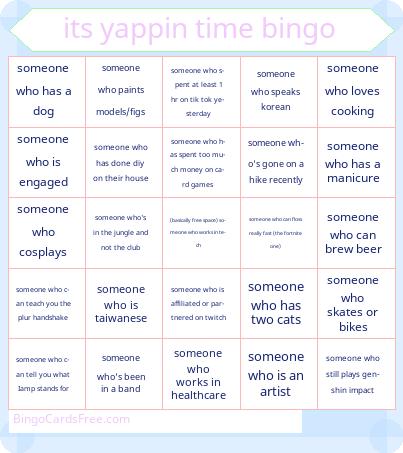 its yappin time bingo