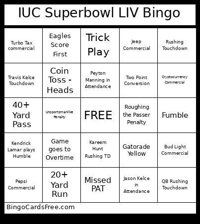 IUC Superbowl LIV Bingo Card