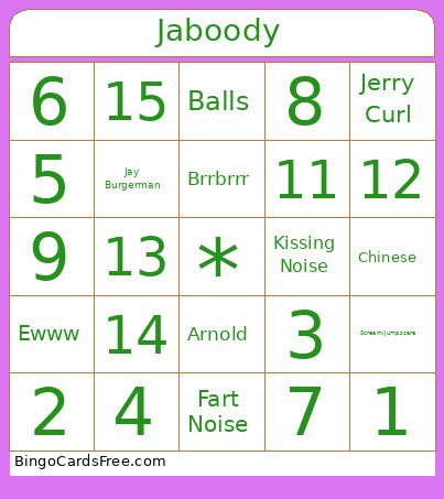 Jaboody Movie Bingo Card