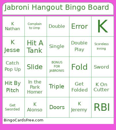 Jabroni Hangout Bingo Board