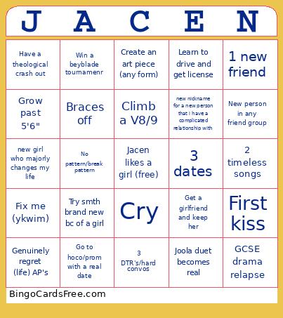 Jacen Junior Year Bingo Card