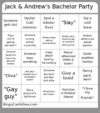 Jack & Andrew's Bachelor Party Bingo