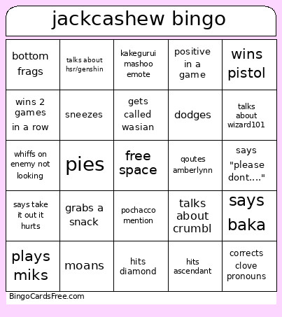 Jack Cashew Bingo Card