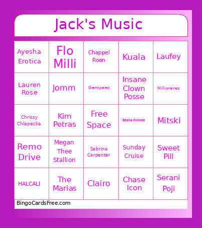 Jack's Bingo Card