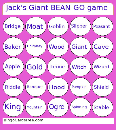 Jack's Giant BEAN-GO Game Bingo Card