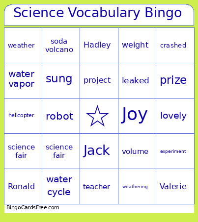 Jack's Science Vocabulary Bingo Card