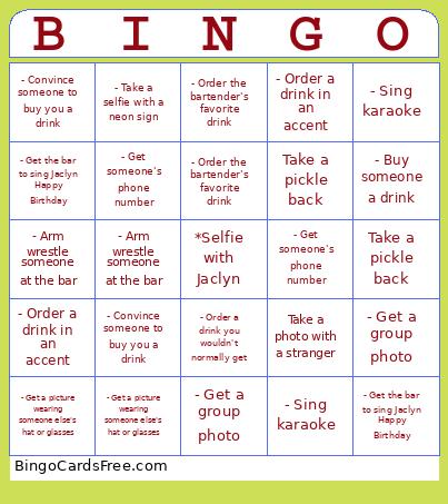 Jaclyn Bday Bingo Card
