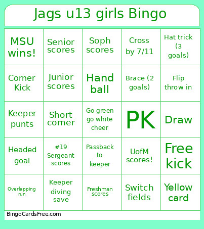 Jags U13 Girls Green Bingo Card