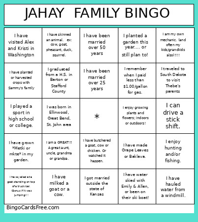 Jahay Family Reunion Bingo Card